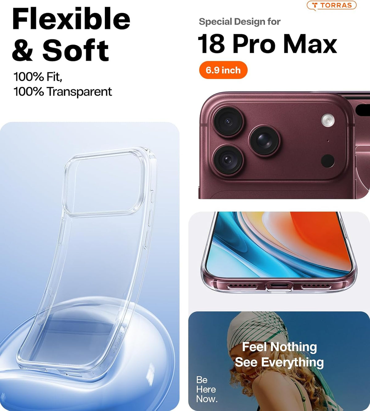 TORRAS Crystal Clear Anti-Yellowing Case – Flexible, soft clear case with a 100% fit for iPhone 18 Pro Max