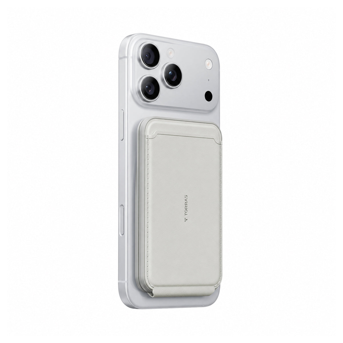 Slim gray leather wallet attached to a silver phone