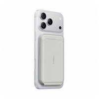 Slim gray leather wallet attached to a silver phone