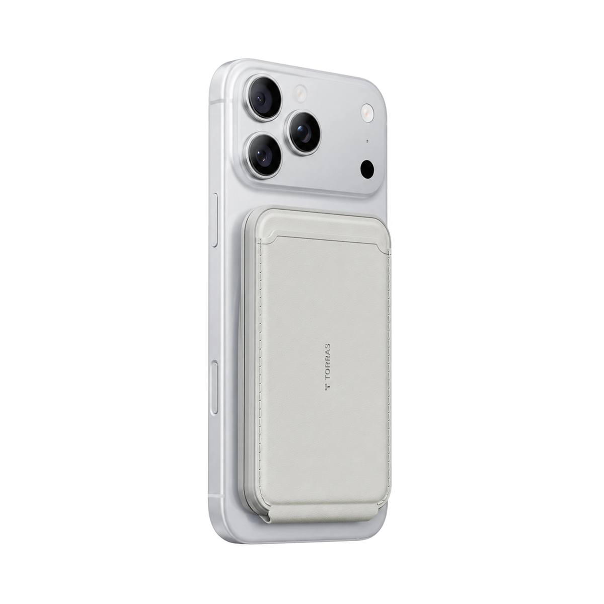 Slim gray leather wallet attached to a silver phone