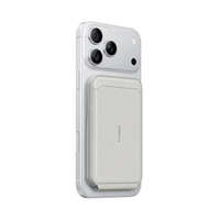 Slim gray leather wallet attached to a silver phone