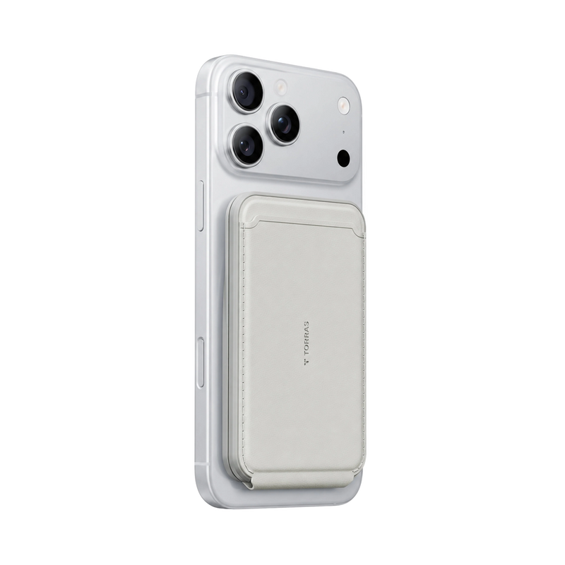 Slim gray leather wallet attached to a silver phone