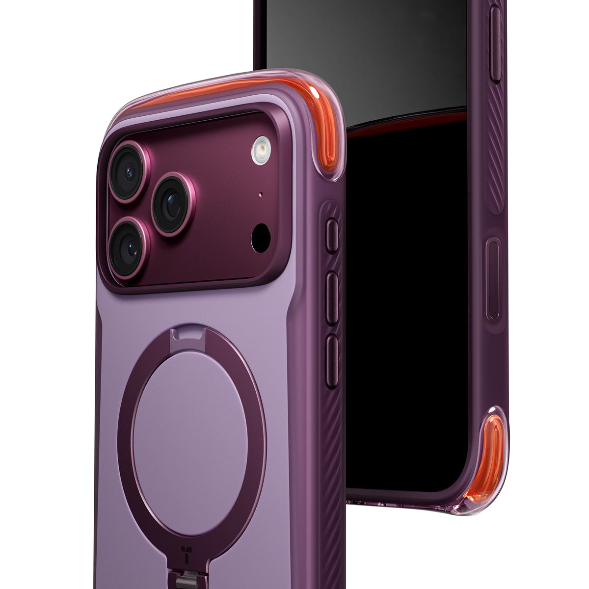 TORRAS Ostand Q3 Air Pro case for iPhone 18 Pro/Pro Max in plum with a ring stand, two-device back angle