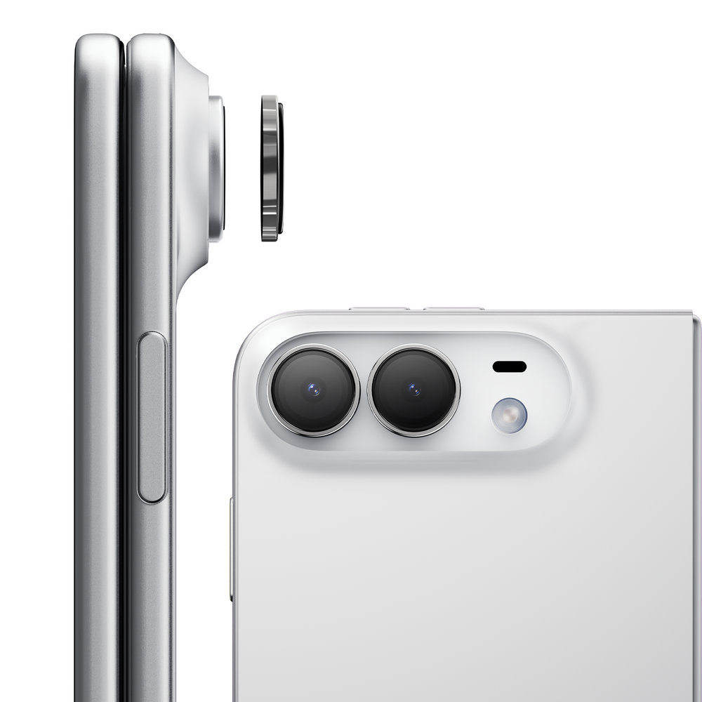Side and back views of a two-lens phone camera with a single graphite metal lens protector ring shown alongside