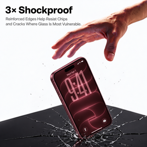 A phone falling onto a shattered black surface with its own screen still intact — 3x shockproof reinforced edges help resist chips and cracks where glass is most vulnerable