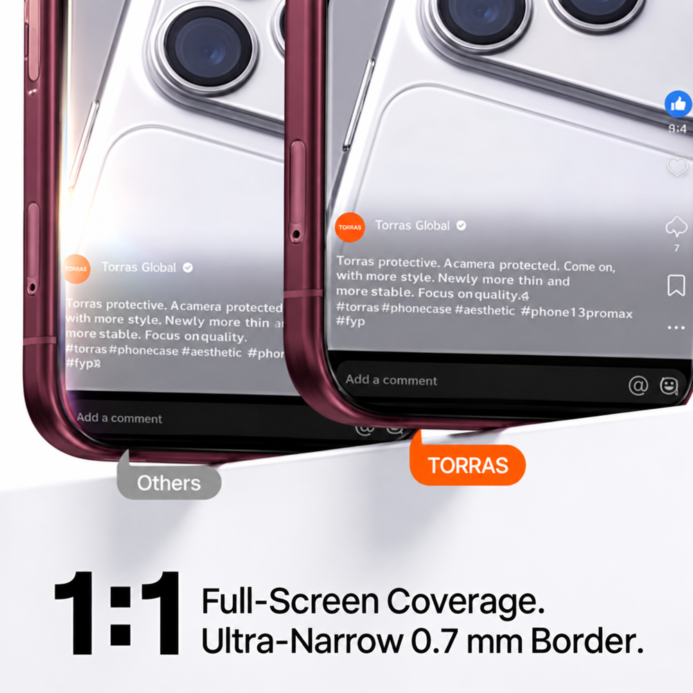 Close comparison of two phone screens showing the same social feed: the one marked Others stops at a wider bezel while the TORRAS glass reaches 1:1 full-screen coverage with an ultra-narrow 0.7 mm border