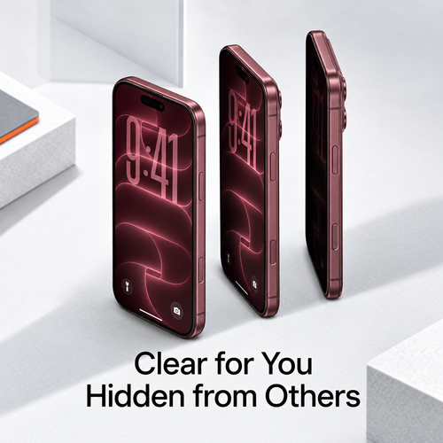 Three phones angled away from the viewer — the screen reads clearly head-on and darkens from the side, clear for you and hidden from others