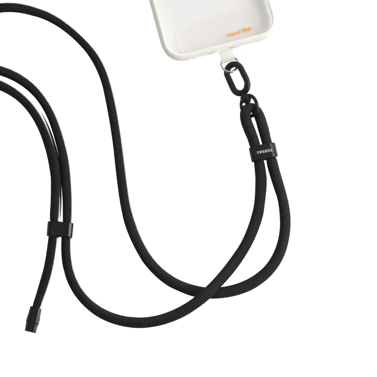 LoopGo Flex crossbody phone lanyard in black with matching black hardware, clipped to a clear phone case