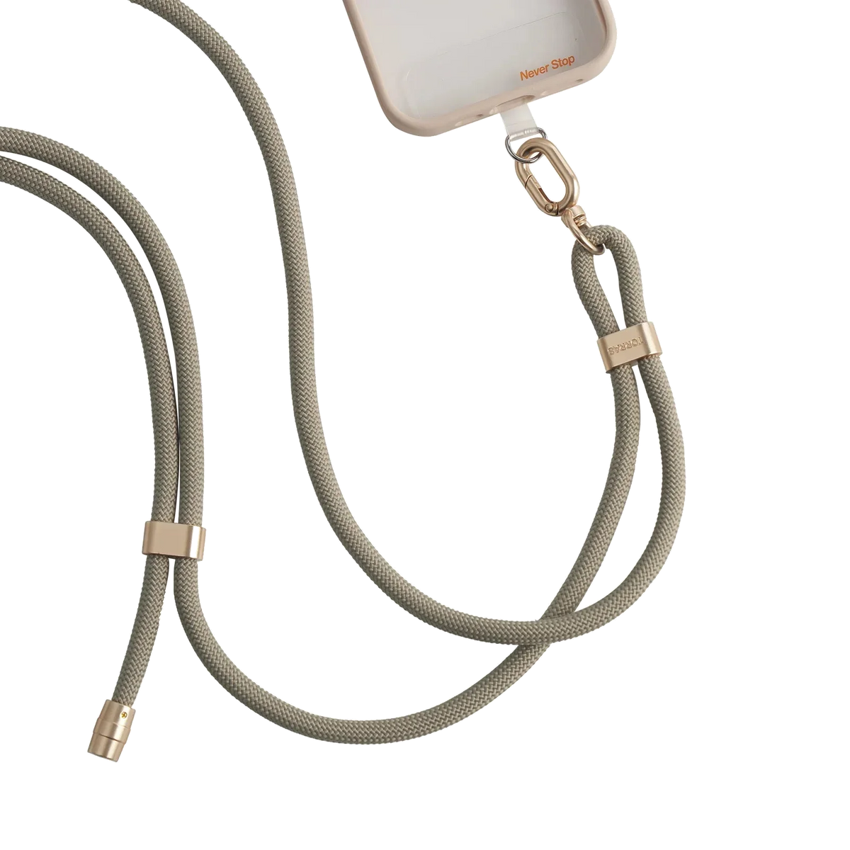 LoopGo Flex crossbody phone lanyard in taupe with gold hardware, clipped to a clear phone case