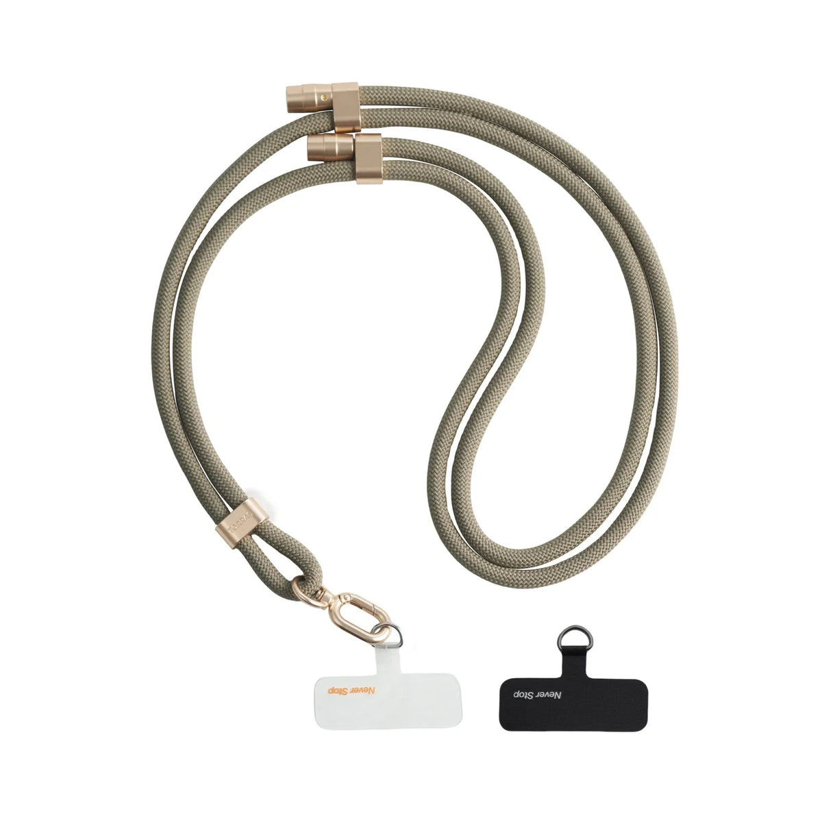 LoopGo Flex crossbody phone lanyard coiled in taupe, shown with its black and white adapter pads
