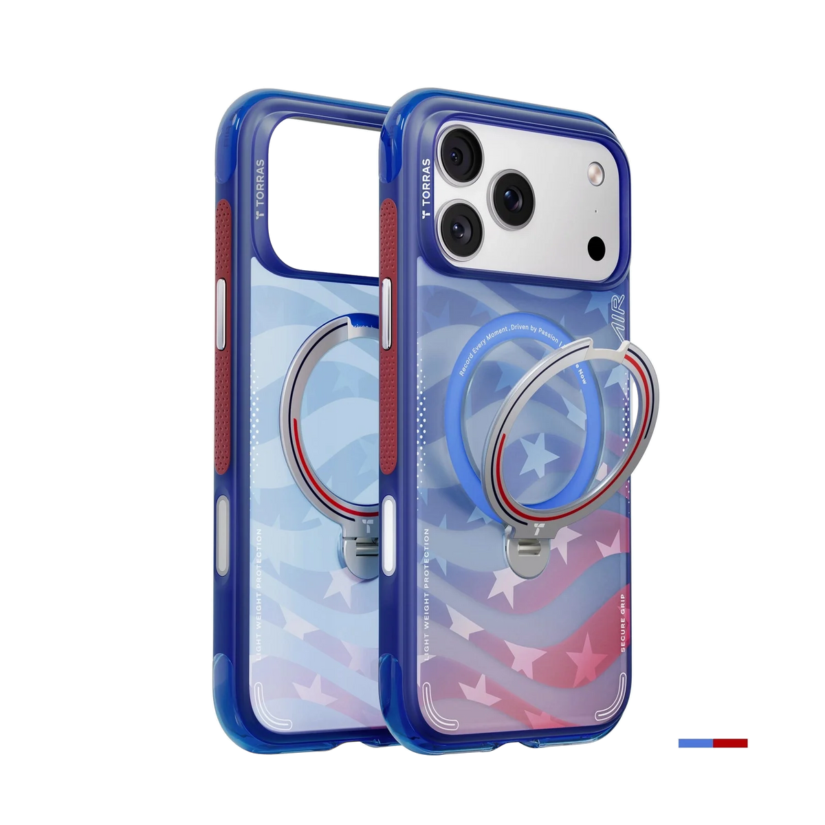 Ostand Q3 Air Football limited-edition case in blue with a red-white-and-blue star pattern and matching ring stand, front and back