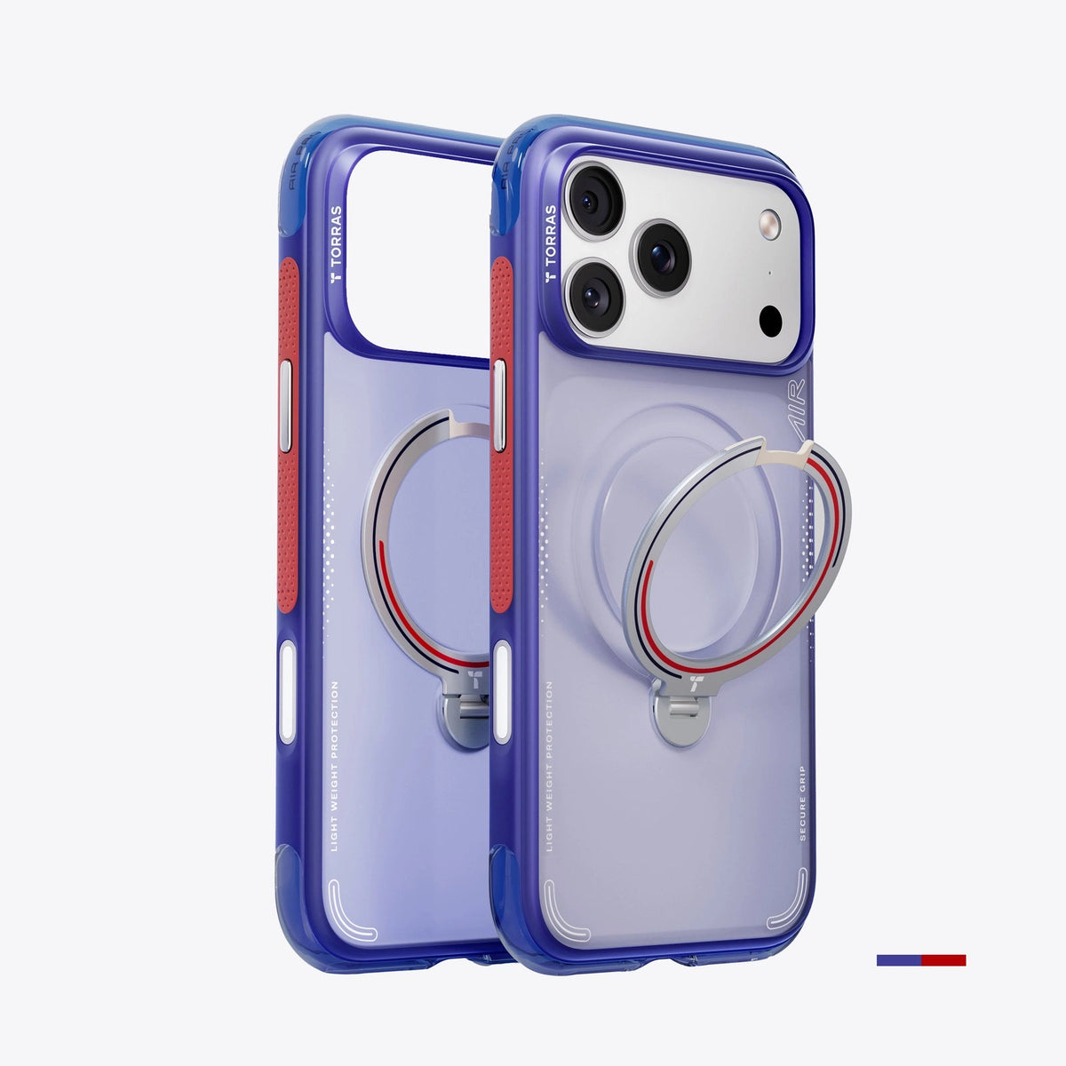 Ostand Q3 Air Football limited-edition case in violet with red and blue trim and a ring stand