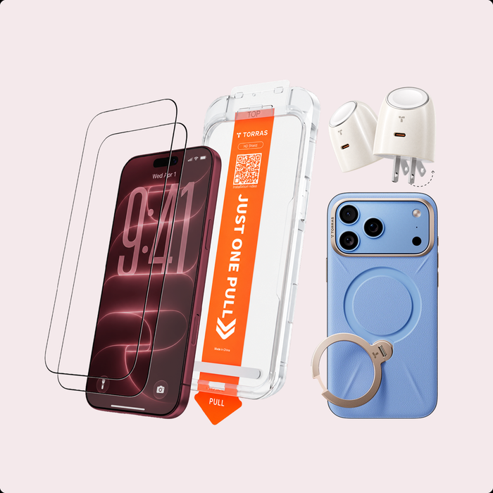 Desk Set for iPhone 18 Pro — Ostand Q3 VegSkin case, TORRAS FlashEye Charger-O 45W 2-in-1 charger and HD Shield Ultra 3X screen protector