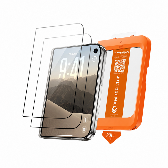 Two SunView AR protector sheets and the orange TORRAS Just One Pull installation frame beside the phone they fit
