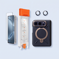 Fold Ready Kit for iPhone Duo — Ostand Q3 VegSkin case in Deep Blue, OrigArmor AR screen protector with roller installation kit, and LensGuard camera protector