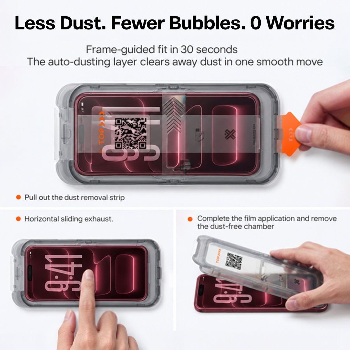Three-panel install guide: pull out the dust-removal strip, slide across to push the air out, then lift away the dust-free chamber for a frame-guided fit in 30 seconds