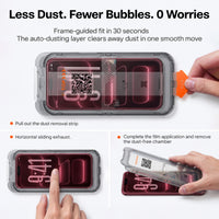 Three-panel install guide: pull out the dust-removal strip, slide across to push the air out, then lift away the dust-free chamber for a frame-guided fit in 30 seconds