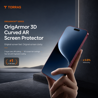 OrigArmor 3D Curved AR screen protector graphic with a hand holding an iPhone, citing 0.8% reflectivity
