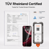 TUV Rheinland certificate displayed beside the screen protector and its installation tray