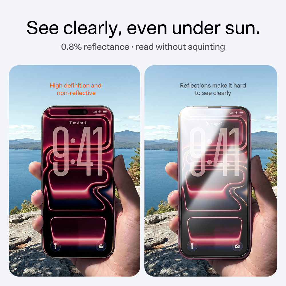 Two phones by a lake compared: the AR screen stays high definition while the other shows heavy reflections