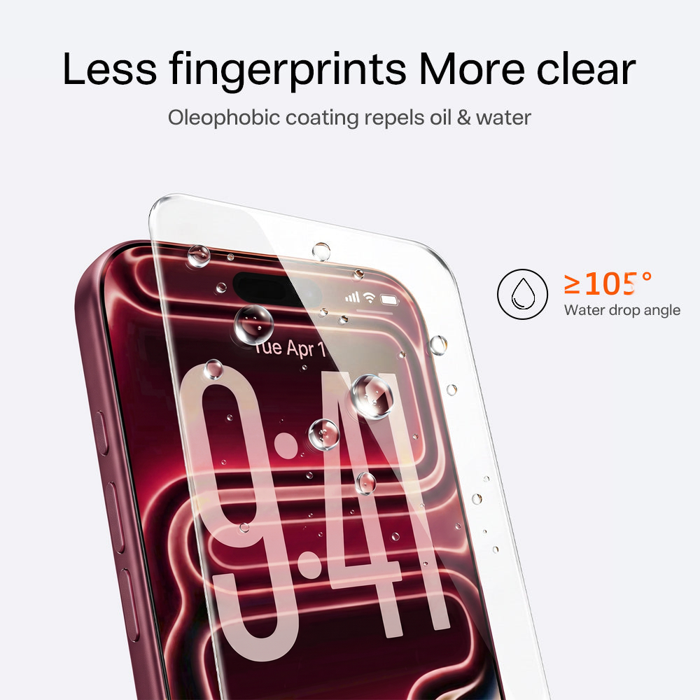 Oleophobic coating graphic showing a water-drop contact angle of 105 degrees or more on the glass