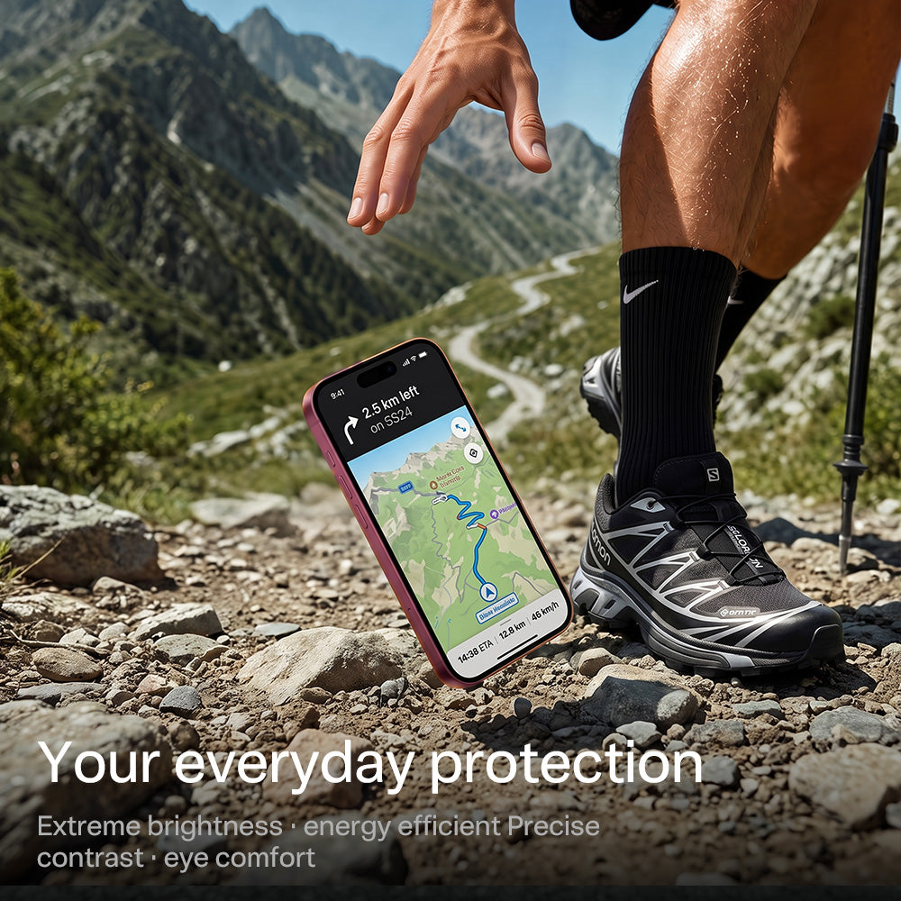 Phone showing a trail map held out on a rocky mountain path, captioned your everyday protection