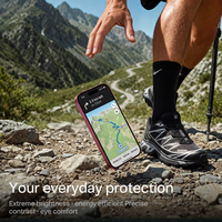 Phone showing a trail map held out on a rocky mountain path, captioned your everyday protection