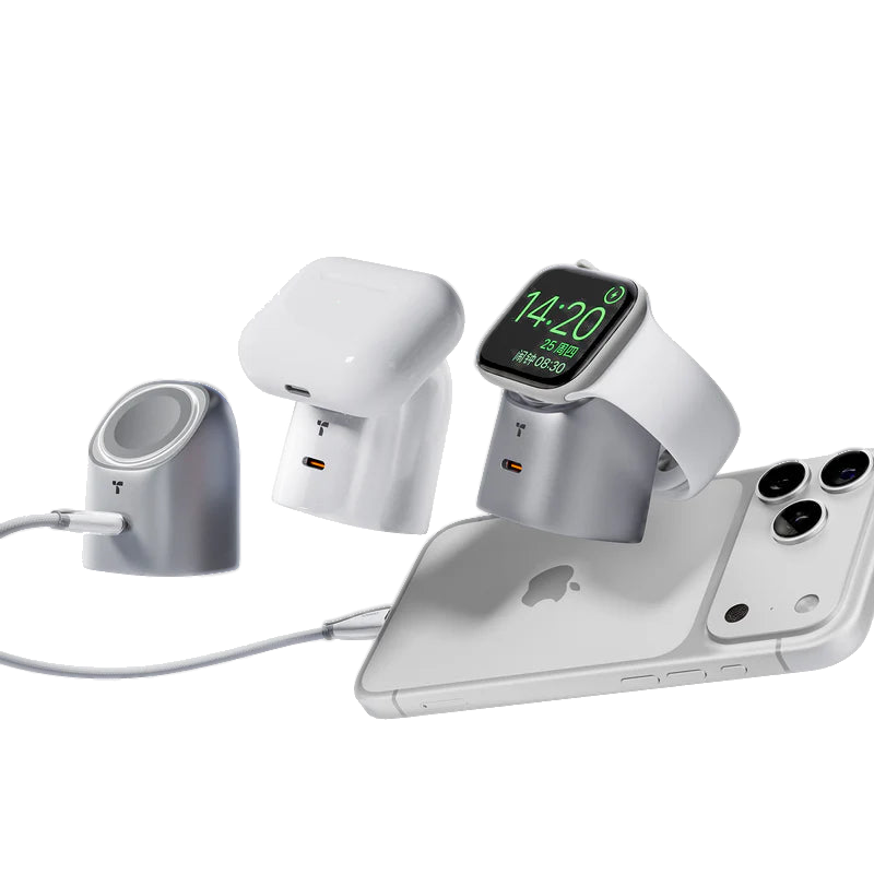 TORRAS Flasheye 45W Low-Temp Fast Charger-E with 45° Apple Watch view and wired USB-C charging