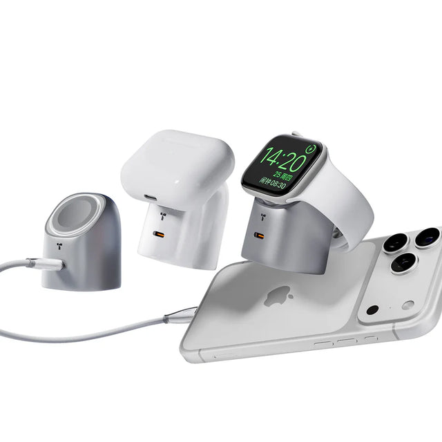 TORRAS Flasheye 45W Low-Temp Fast Charger-E with 45° Apple Watch view and wired USB-C charging