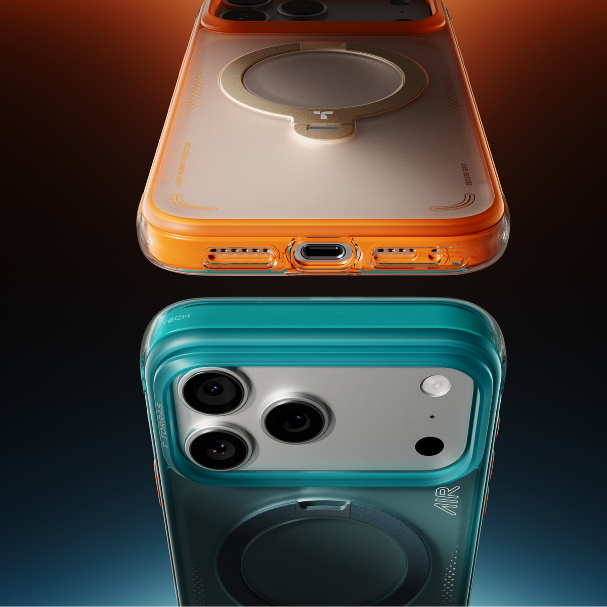 TORRAS Ostand Q3 Air Case for iPhone 17 Pro with 360° spin stand, MagSafe support, and airbag protection