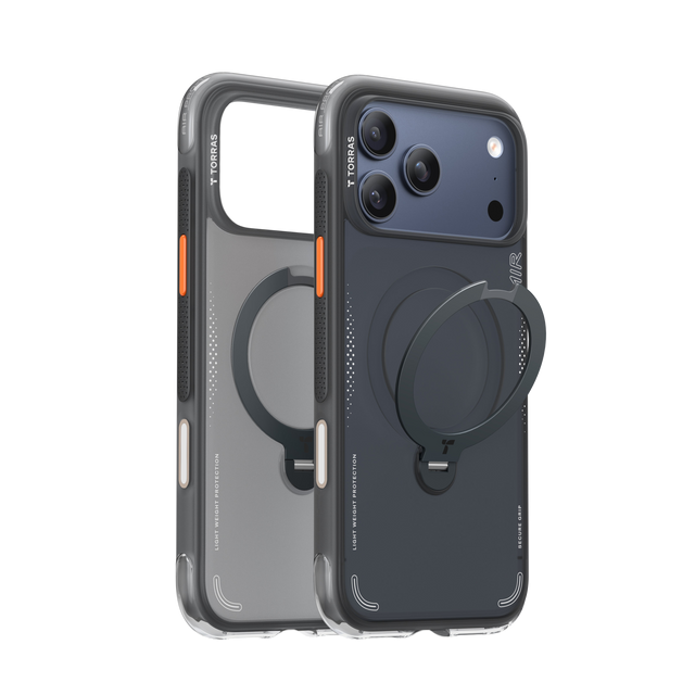 TORRAS Ostand Q3 Air Case for iPhone 17 Pro with 360° spin stand, MagSafe support, and airbag protection