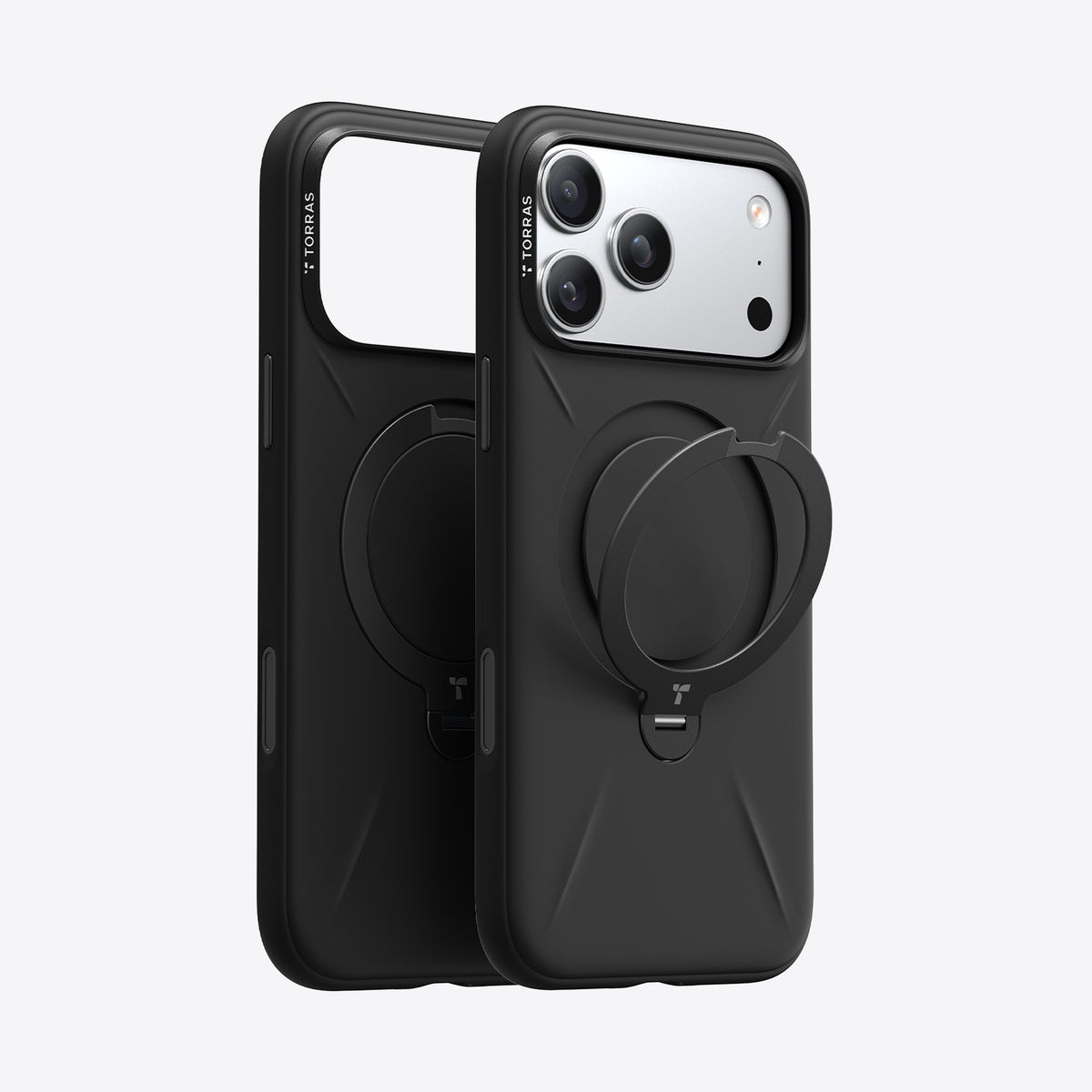 TORRAS Ostand Q3 Silicone Case for iPhone 17 Pro Max with 360° spin stand, velvet-lined interior, and food-grade liquid silicone