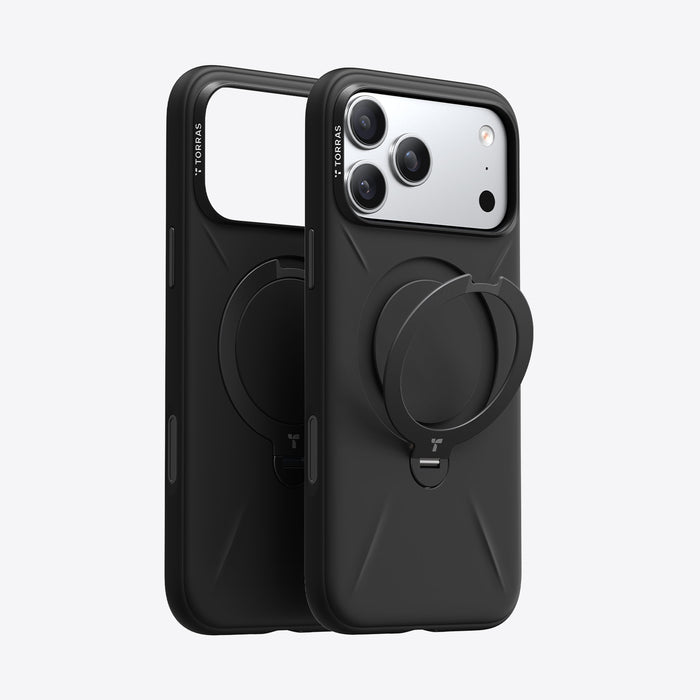 TORRAS Ostand Q3 Silicone Case for iPhone 17 Pro Max with 360° spin stand, velvet-lined interior, and food-grade liquid silicone