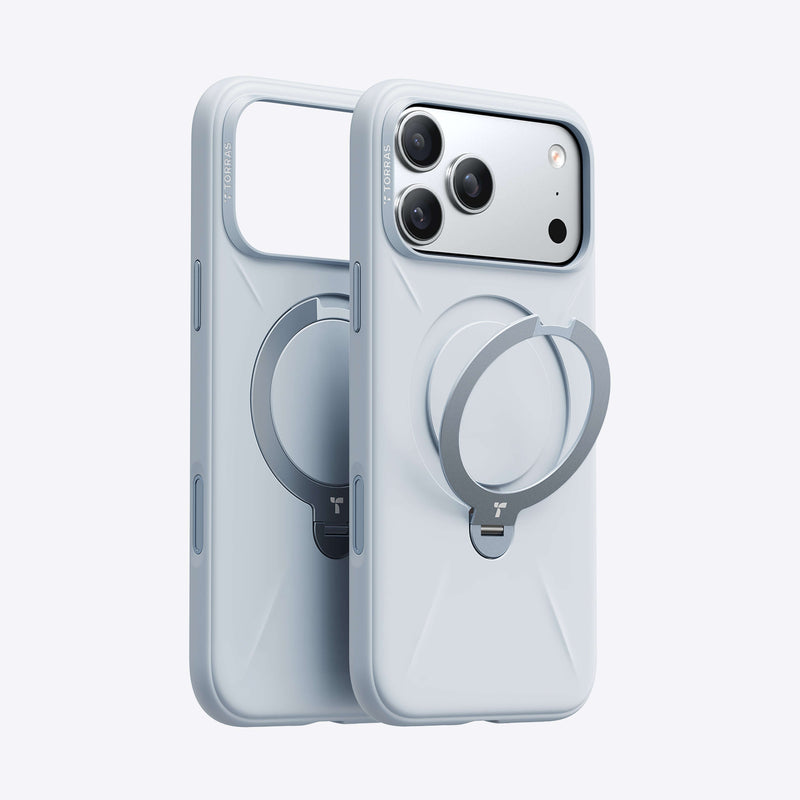 TORRAS Ostand Q3 Silicone Case for iPhone 17 Pro Max with 360° spin stand, velvet-lined interior, and food-grade liquid silicone