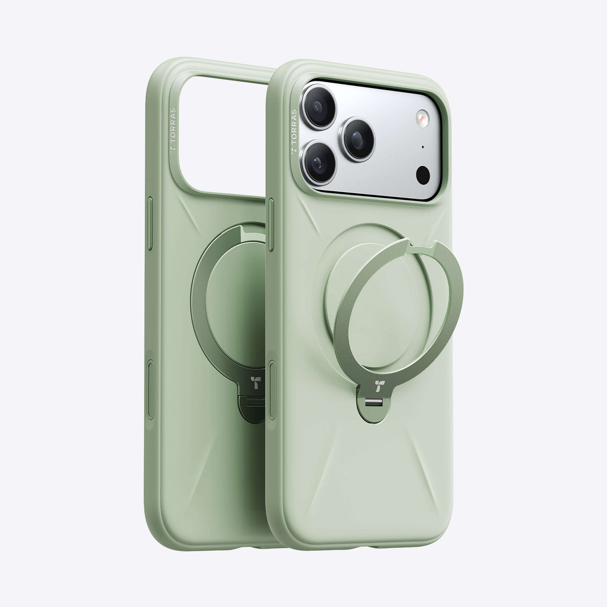 TORRAS Ostand Q3 Silicone Case for iPhone 17 Pro Max with 360° spin stand, velvet-lined interior, and food-grade liquid silicone
