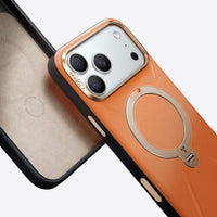 TORRAS Ostand Q3 VegSkin Case for iPhone 17 Pro Max with 360° spin stand and leather-inspired silicone fabric