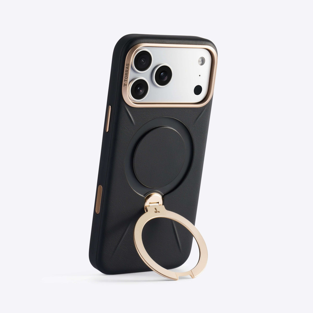 TORRAS Ostand Q3 VegSkin Case for iPhone 17 Pro Max with 360° spin stand and leather-inspired silicone fabric