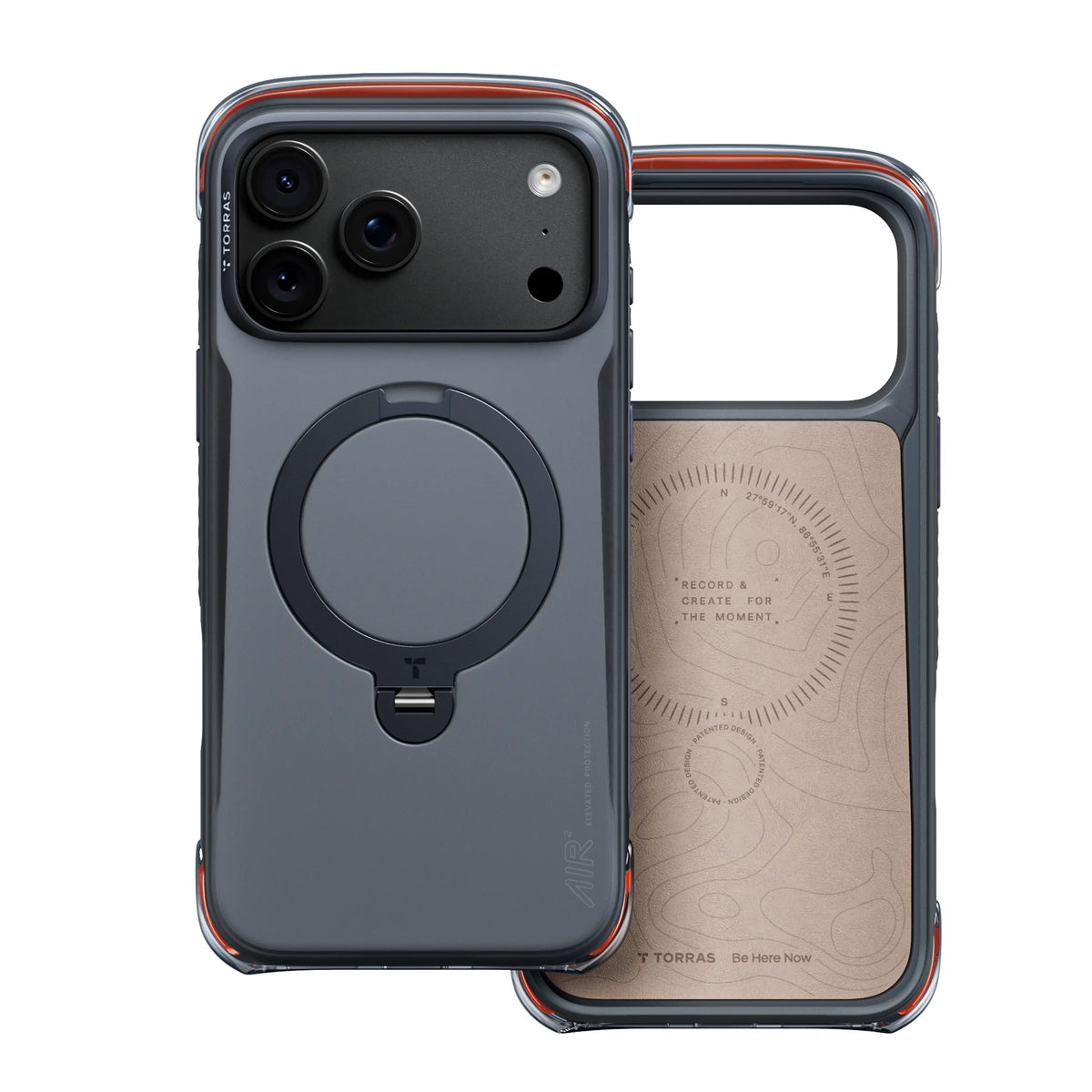 TORRAS Ostand Q3 Air Pro case for iPhone 18 Pro/Pro Max in gray with the Be Here Now interior design, dual case angle
