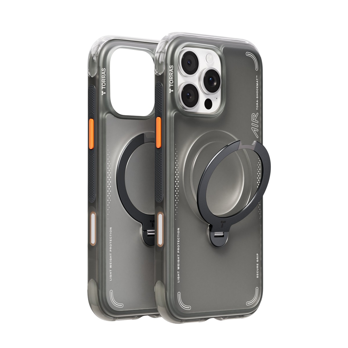 Two graphite TORRAS Ostand Air cases shown front and back, one with its ring stand swung out from the MagSafe circle