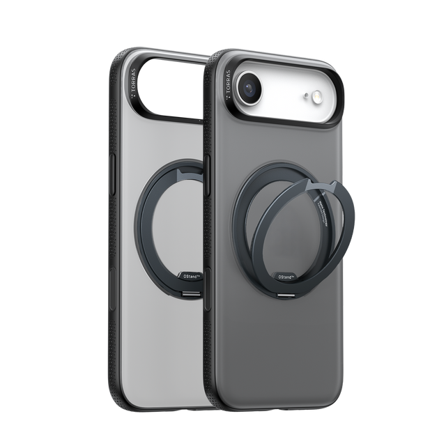 Two black TORRAS Ostand cases on a single-camera phone, shown front and back with the ring stand swung out
