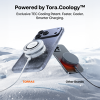 Snow-scene comparison: a phone on the PolarCircle charger stays frost-cool while a phone on a conventional magnetic charger glows with heat