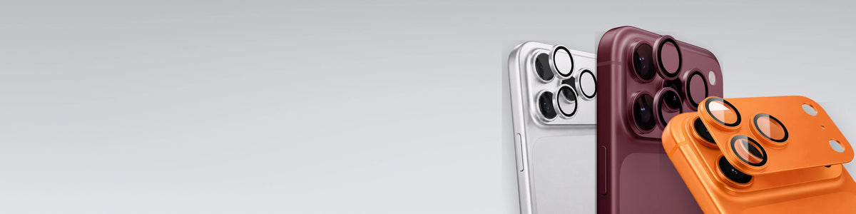 TORRAS camera lens protectors — LensGuard rings on iPhone 17 Pro Max in silver and iPhone 18 Pro in burgundy, plus a CameraGo one-piece lens protector in cosmic orange