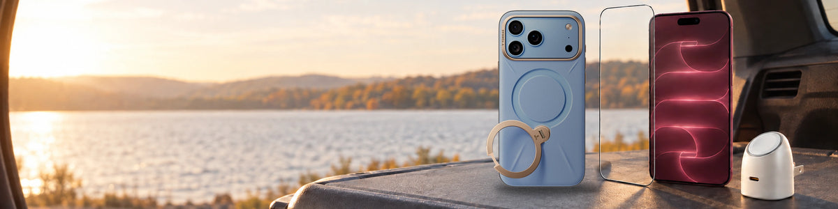 TORRAS iPhone 18 Pro Max screen protector, Ostand Q3 VegSkin case and Charger-O on an SUV cargo lid by a lake at autumn sunset