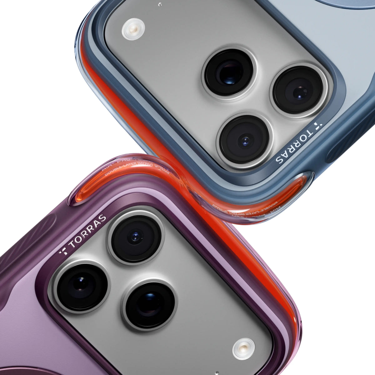 TORRAS Ostand Q3 Air Pro case for iPhone 18 Pro/Pro Max camera close-up of blue and plum cases