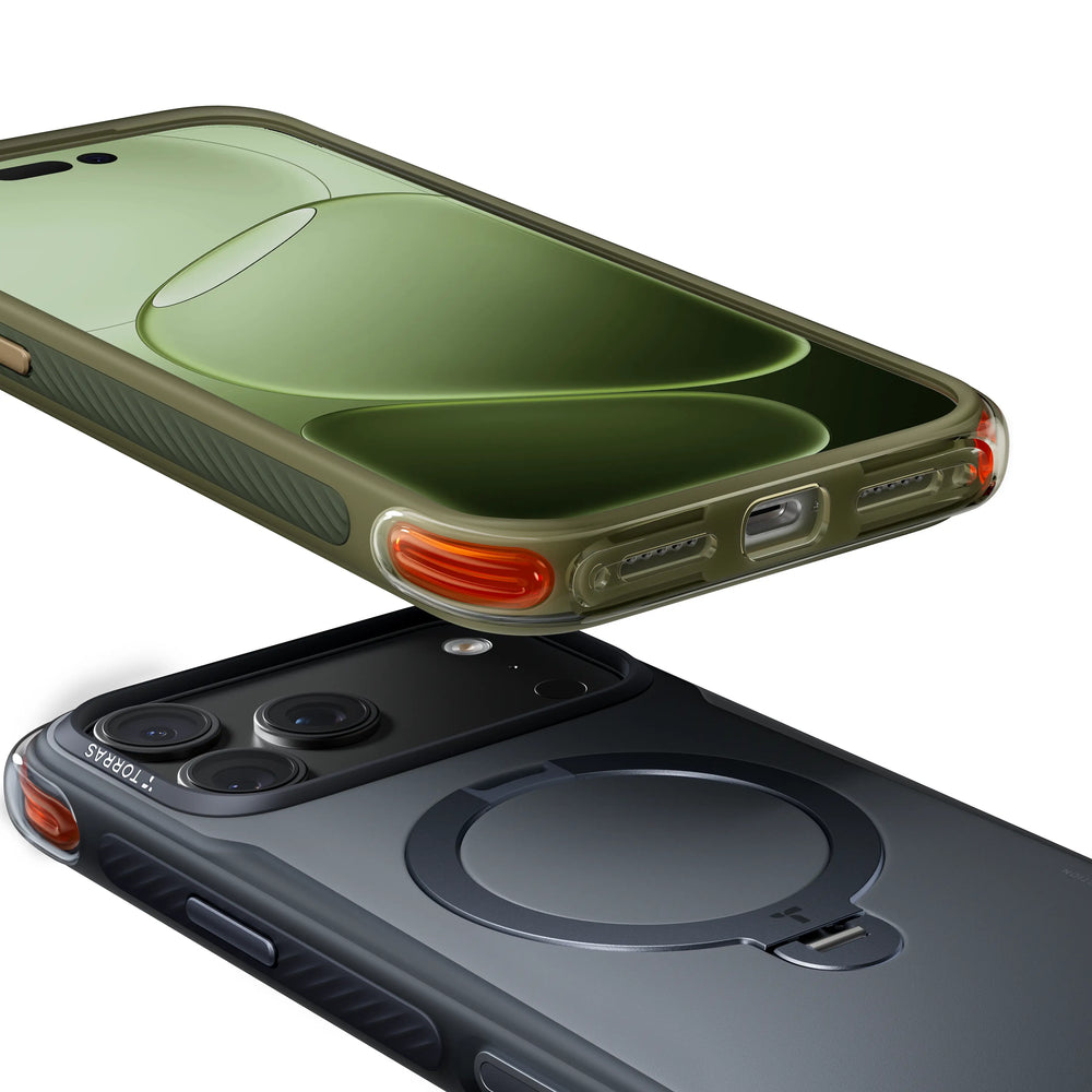 TORRAS Ostand Q3 Air Pro case for iPhone 18 Pro Max in sage green stacked over black, top-down view