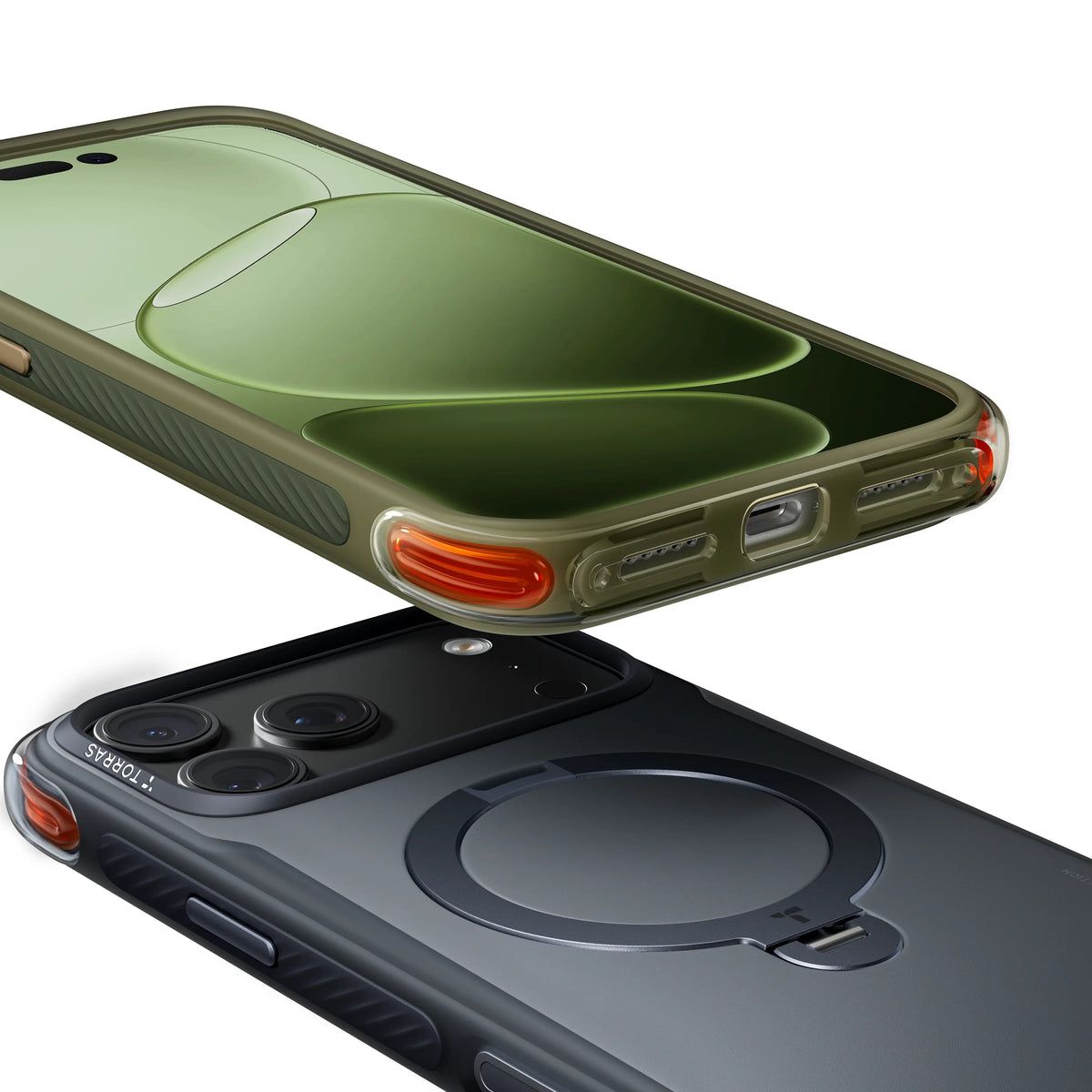 TORRAS Ostand Q3 Air Pro case for iPhone 18 Pro Max in sage green stacked over black, top-down view