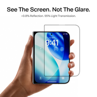 See the screen, not the glare — OrigArmor AR glass with under 0.8% reflection and 95% light transmission on iPhone Duo held in hand