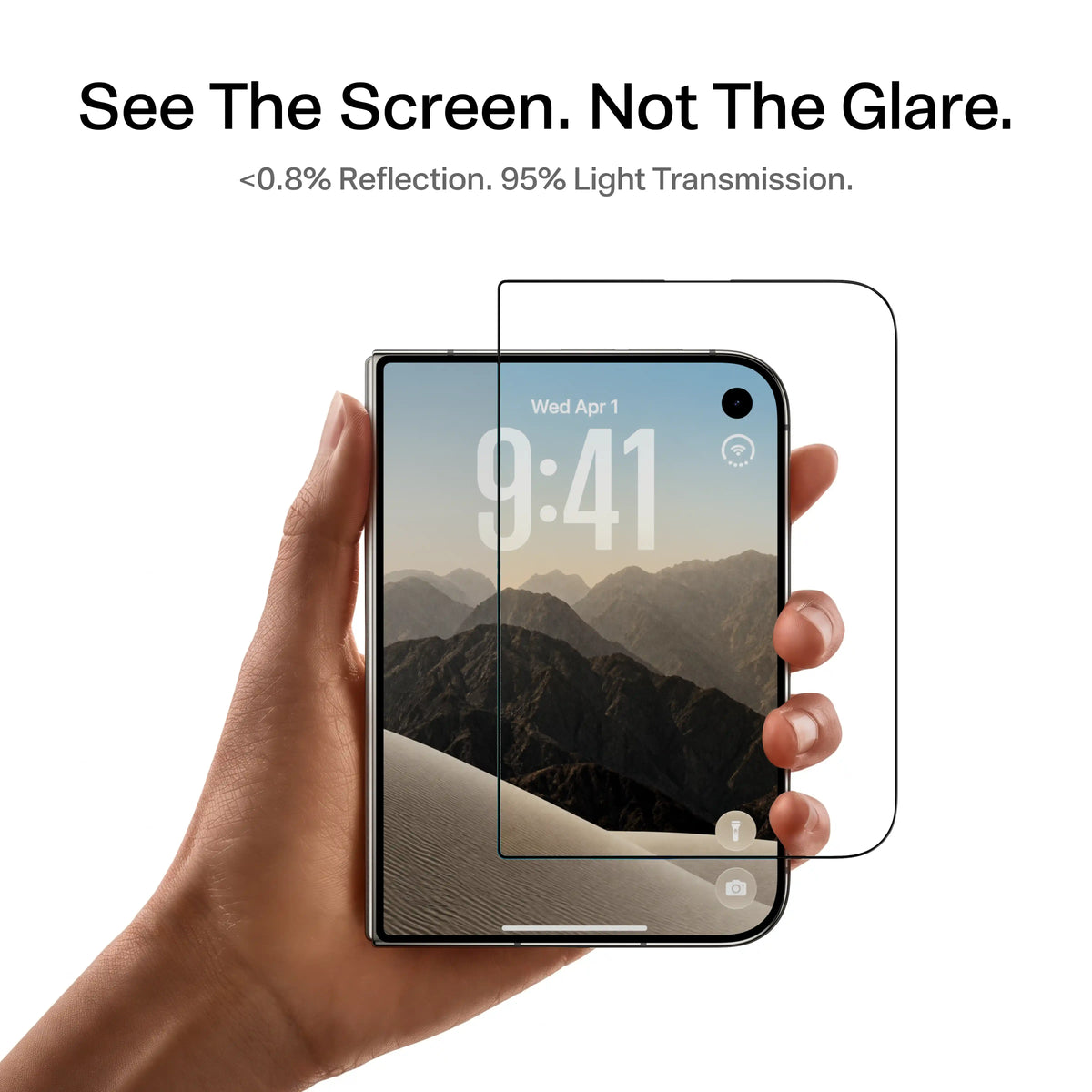 See the screen, not the glare — OrigArmor AR glass with under 0.8% reflection and 95% light transmission on iPhone Duo held in hand