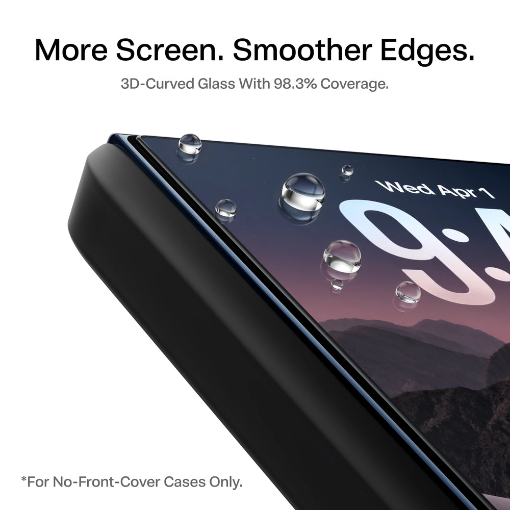 More screen, smoother edges — 3D-curved glass with 98.3% coverage on the iPhone Duo outer display, for no-front-cover cases only