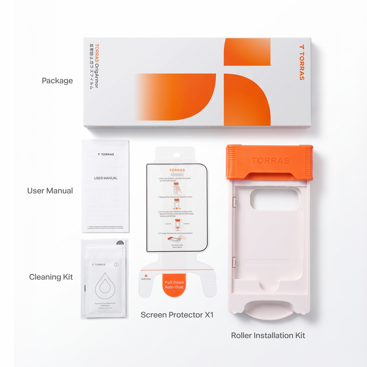 What's in the box — OrigArmor package, user manual, cleaning kit, one screen protector, and roller installation kit